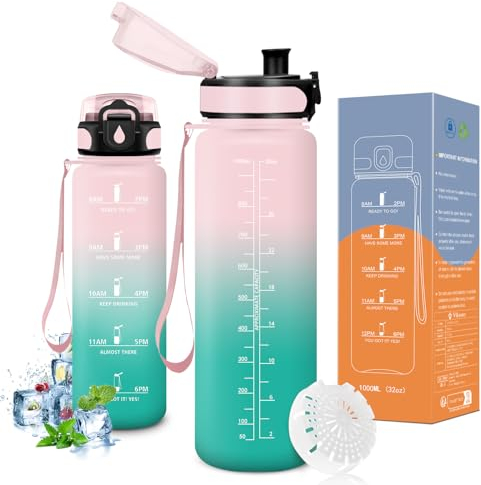 Vikaster Gourde sport, Gourde 1l, sans BPA, Étanche & Réutilisable, Convient Pour la Gym, Yoga, Camping, Sport, Gourde Randonnée, B-rose & Cyan
