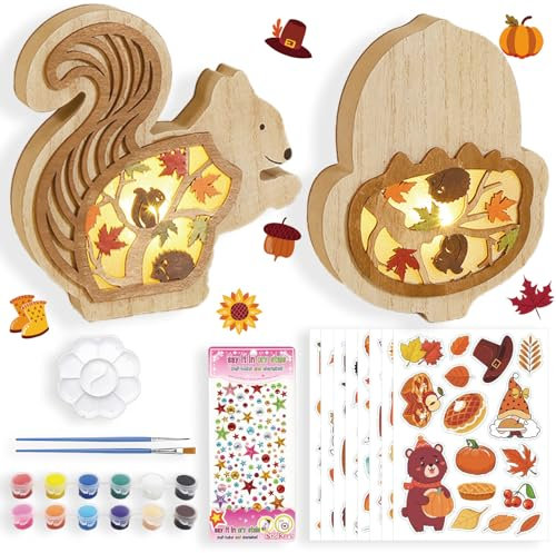 Shinybox Herbstdeko Lampe, 3D Holz LED Dekoration Laterne, 2 Stück DIY Herbst Dekoration mit 8 Herbstlichen Aufklebern + 12 Farben der Farbe, Herbst Holz Ornament für Party Erntedankfest Innen Deko(A)