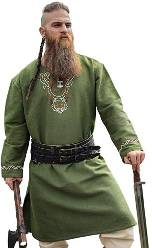 Leonardo Carbone® Wikinger Tunika Freki - Mittelalter Kleidung Herren, Mittelalter Hemd, Freizeithemden Langarm, Karneval Kostüm Herren, Wikinger Tunika, LARP-Kleidung - 100% Baumwolle Olivgrün S