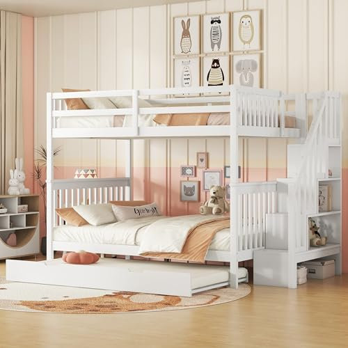 Merax Etagenbett Kinderbett 140x200 cm mit Treppenregal und sicherem Zaun, ausgestattet mit ausziehbares Rollbett, aus Kiefernholz & MDF, für Jungen und Mädchen, Matratze Nicht inklusive, Weiß3