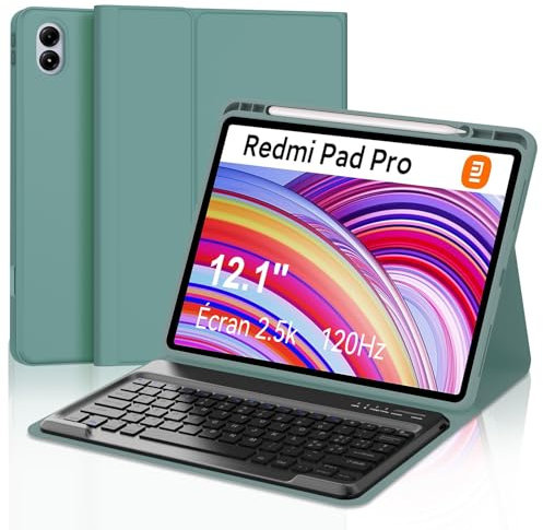 SENGBIRCH Étui clavier pour Redmi Pad Pro 12,1 pouces, coque clavier Bluetooth magnétique amovible pour Redmi Pad Pro 12,1, Smart Cover avec support support de veille automatique, vert foncé