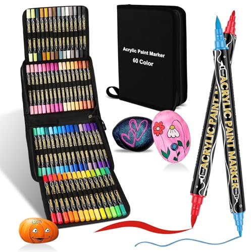 colpart Acrylstifte für Steine wasserfest-60Bagtype-Steine Bemalen Doppelendige Acrylic Paint Ostereier zum Bemalen Stift Für Kunststoff Glas Holz Keramik Metall Reifen Leinwand.