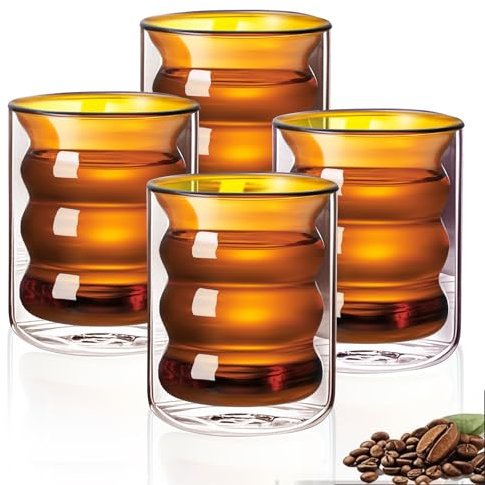 Prismoria 4er Set Doppelwandige Glas-Kaffeetassen und -becher 200ml, isolierte Latte-Gläser, Cappuccino-Latte-Macchiato-Gläser, hitzebeständig, doppellagige Glas-Kaffeetassen Orange