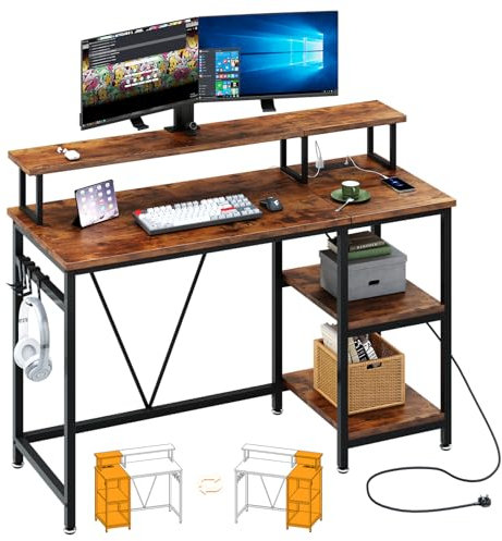 Dripex Computer Desk with Power Outlet, 107.5cm Reversible Desk with Long Monitor Stand, Storage Shelves, Hooks, Work Writing Gaming Table for Home Office
