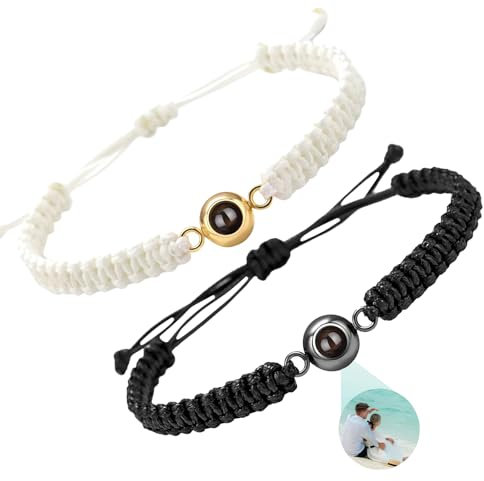 HFMYGS 2 Stück Fotoarmband, Projektions Armband mit Foto, Rund Projektion Armband, Bild Paar Armbänder Geschenke für Freund & Freundin, Mama Papa zum Geburtstagsgeschenk (Schwarz,Weiß)