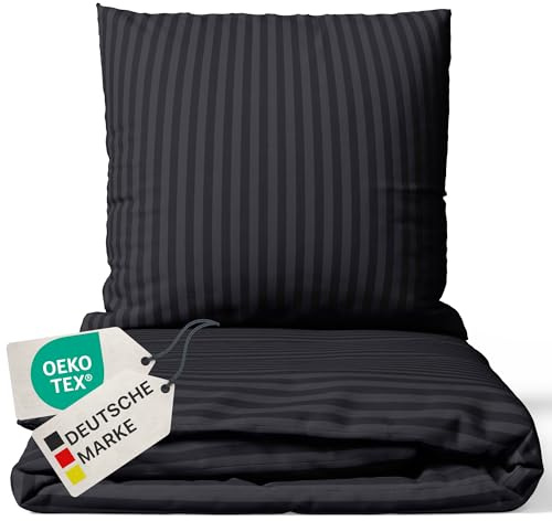 NYVI Bettwäsche Set DreamScience Mikrofaser Damast 155x220 + 80x80 cm Schwarz - Atmungsaktiv & Weich - Mit Reißverschluss, Oeko-TEX Zertifiziert, für Allergiker geeignet