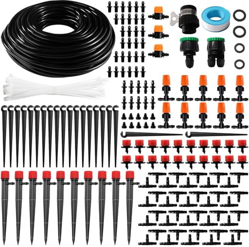 VooGenzek 202 PCS 4/7 mm Irrigation System Kit, 25m Irrigation Hose, DIY Auto Drip Irrigation Kit, with Straight-Through Joints, Barbed Tees Connector, End Plug, for Lawn, Patio, Landscape