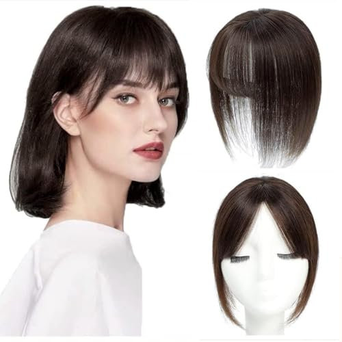 Fine Plus Topper für Frauen mit Pony 360 Haarteile Echthaar für Dünnes Haar 100% Echthaar Extensions mit Clip in Pony - Dunkelbraun