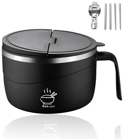 EOAMGO 1200ml Noodle Bowl with Spoon Chopsticks, Rapid Ramen Bowl Set with Filterable Lid, 304 Stainless Steel Instant Soup Bowl with Handles for Dorm Home Office (Black)