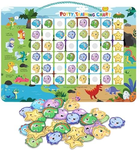 Potty Training Reward Chart, Magnetic Toilet Training Chart with 60 Reusable Magnetic Stickers, Interactive Reward Chart for Toddlers Girls Boys (Dinosaur)
