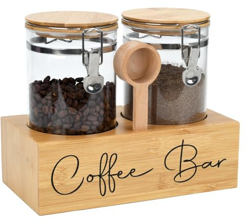 LYHLYA Kaffeedosen-Set aus Glas mit Bambusregal und Löffel, 2 luftdichte Behälter (je 1,4 l) für Kaffeebohnen, gemahlenen Kaffee, Zucker, Mehl, Borosilikatglas und Bambusdeckel mit Silikondichtung