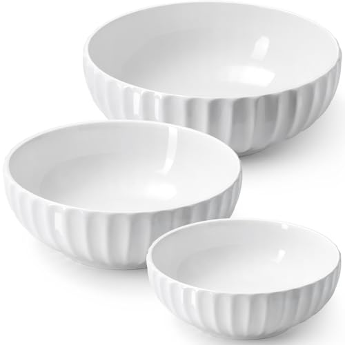 NUTRIUPS Large Serving Bowls, 155/84/50 oz Nesting Ceramic Salad Bowl for Entertaining Party, 12/10/8 in White Bowl