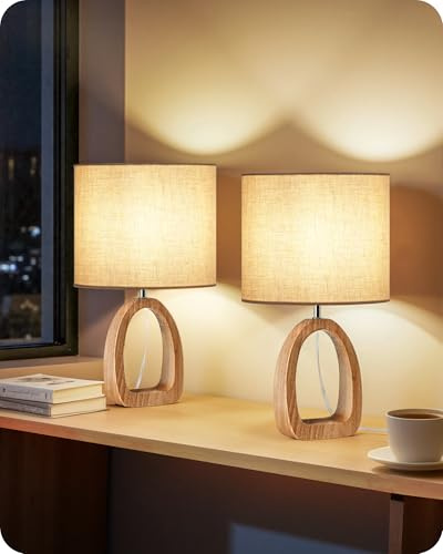 GOEBLESON Bedside Lamps Set of 2, Wood Table Lamps for Bedroom, Living Room | Boho Bedside Lamp with Beige Lampshade, Night Light with E27 Base, 2700K LED Bulb Included, Warm Light for Entryway, Office