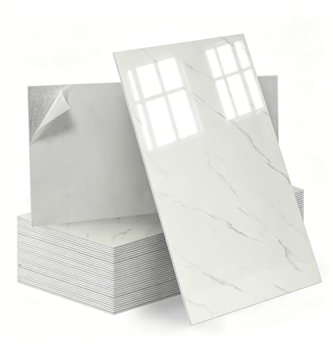 Tarwanear 30Pcs Marble Tile Stickers,Self Adhesive Wall Tiles Marble 60 x 30cm, PVC Peel and Stick on Wall Tiles Waterproof for Living Room Bedroom Bathroom Kitchen Backsplash,Marble White