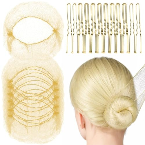 EJRUP Osynliga hårnät för chignon, 20 osynliga hårnät med 40 hårnålar, elastiska hårnålar, för balett, dans, sjuksköterska, kvinna (guld)
