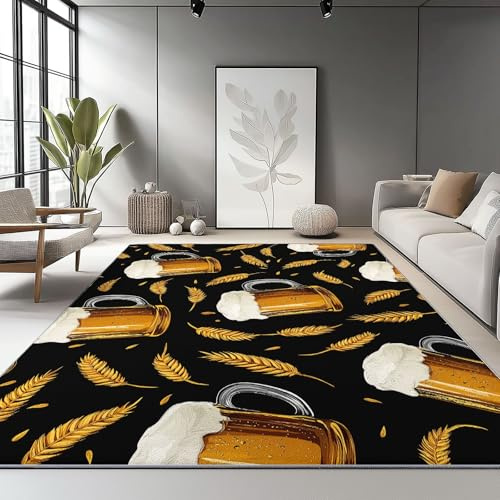 Rug 160 x 230 cm The Living Room,Digital Art Beer Mug Ears Of Wheat Decorative Carpet - Washable Breathable and Durable Rug or Living Room Dining Table Black