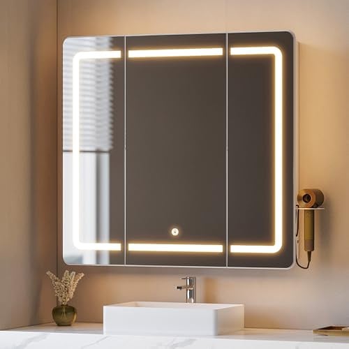 Hzuaneri Armario Espejo Baño, Espejo 3P Plegable, 16,5 x 80 x 75cm, Blanco