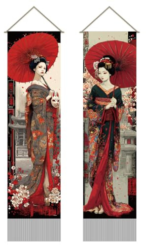 AHANDMAKER 2 Stück Japanische Geisha Wandbehang, Roter Regenschirm Langer Vertikaler Wandbehang, Quaste Wandbehang Mystische Ästhetische Deko Für Schlafzimmer, Wohnzimmer (116x33cm)
