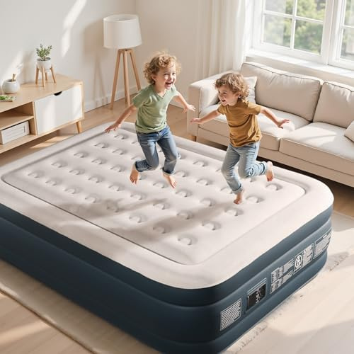 Bonnlo Colchón Hinchable con Bomba Integrada, Cama Inflable Doble con Superficie de Terciopelo, con Portavasos y Bolsa de Transporte, Colchón de Aire para Camping (Gris, 203x152x45cm)