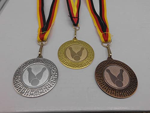 Fanshop Lünen Kegeln 3 Stück Medaillen aus Stahl 40 mm - Kegler - Gold, Silber, Bronze, mit Emblem 25mm - Medaillen-Band - Turnier - (9285)