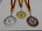 Fanshop Lünen Kegeln 3 Stück Medaillen aus Stahl 40 mm - Kegler - Gold, Silber, Bronze, mit Emblem 25mm - Medaillen-Band - Turnier - (9285)