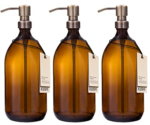 Kuishi, Ensemble de Trois Bouteilles en Verre Brun ambré de 1000 ML avec Pompe dorée en Acier Inoxydable, Distributeur de Savon Rechargeable respectueux de l'environnement, décoration élégante