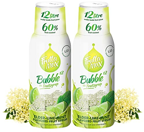 2 paquetes - FruttaMax - Concentrado de jarabe de frutas | Menos azúcar | con un 60% de contenido de fruta | adecuado para máquina de refrescos (2 x 500 ml) (2 x Flor de Saúco-Lima-Menta)
