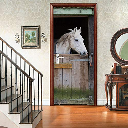 TMANQ Türaufkleber Türtapete Türbilder Türposter Selbstklebend 3D Tierisches Weißes Pferd 77X200Cm PVC Wasserdicht Abnehmbare Wandbilder Für Schlafzimmer Haus Bad Wc Büro Dekoration