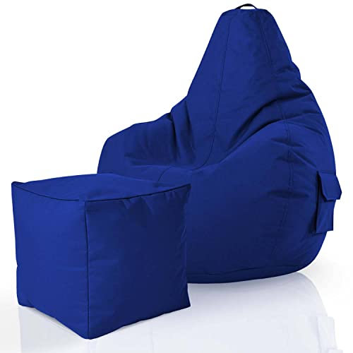Green Bean 2er Set Sitzsack + Hocker - fertig befüllt - robust waschbar schmutzabweisend - Kinder & Erwachsene Bean Bag Bodenkissen Lounge Sitzhocker Relax-Sessel Gamer Gamingstuhl Pouf - Blau