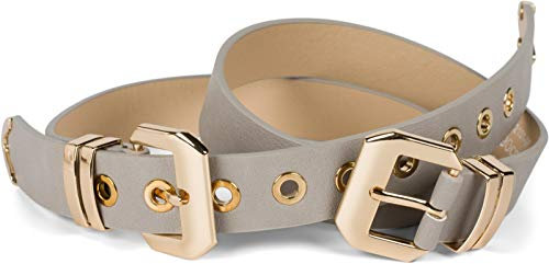 styleBREAKER Damen Gürtel mit doppelter goldener Schnalle und Lochnieten, B-Low Belt, Taillengürtel, kürzbar 03010121, Farbe:Hellgrau, Größe:105cm