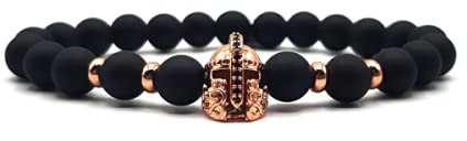 KARDINAL WEIST Onyx Perlenarmband mit Gladiator Helm Perle, Sparta - Krieger - Troja - Achilles - Schmuck für Damen und Herren (XS, rosé)