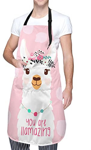 Verstellbare Latzschürze mit 2 Taschen für Männer und Frauen, Koch, wasserdicht, dekorativ für Küche, Kochen, Grillen, Grillen, Niedlicher Lama-Alpaka, Einheitsgröße