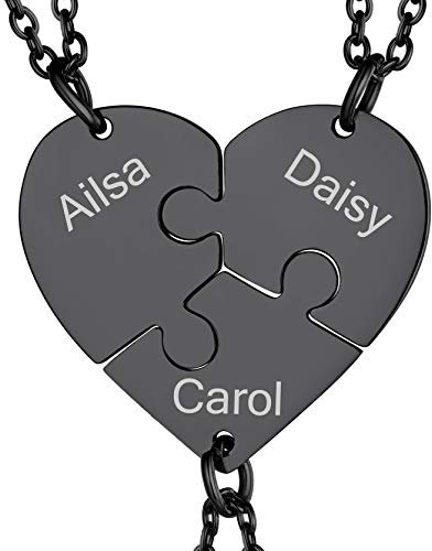 GOLDCHIC JEWELRY Engraved 3pcs Split Heart Necklaces Personalised, Black Matching Jigsaw Puzzles Best Freinds Necklaces For 3