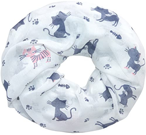 thb Richter Damen Loopschal Schlauchschal mit katzenmotiv Katzen und Fischgräten Katze-Fußabdruck Cat Halsschal Tücher Loop Weich (Weiß)