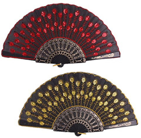 Morices 2 Pcs Sequin Folding Fans, Elegant Embroidered Flower Peacock Pattern Handheld Fan, Decorative Hand Fans for Dancing Wedding Party Favors Gift Wall Hanging Decoration (Red + Yellow)