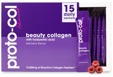 Proto-col Beauty Collagen Liquid Sachets 10,000mg, Hydrolysed Collagen Supplement with Hyaluronic Acid, Vitamins for Healthy Skin Hair and Nails, 15 Sachets Food Supplement - Red Berry Flavour