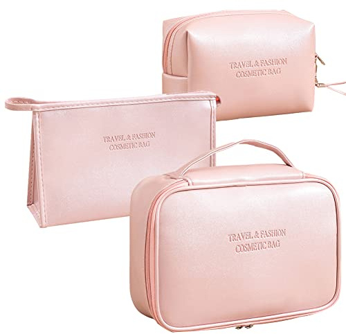 Veki Ensemble de 3 Sacs Trousse de Maquillage, Organisateur de Maquillage pour Femme et Fille, Pochette de Toilette Portable Imperméable, Étui de Rangement de Voyage (Rose Cortical)