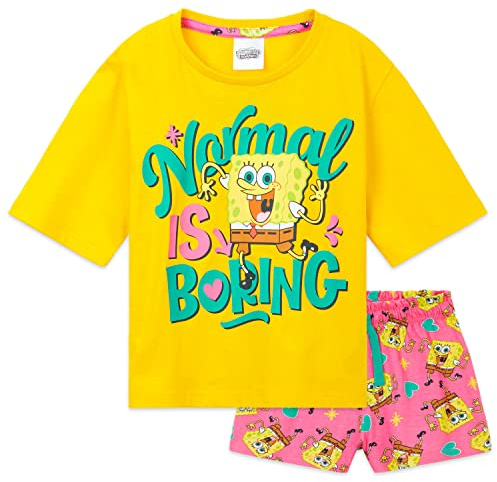 SPONGEBOB SQUAREPANTS Girls Pyjamas Set Short PJs Kids Teens Lounge Set Nightwear Soft Summer Sleepwear Gifts for Girls (4-5 Years, Yellow/Pink)