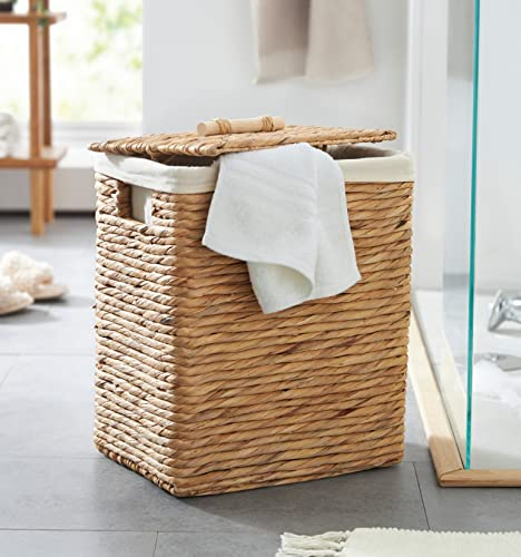 Dekoleidenschaft Panier à linge en jacinthe d'eau avec couvercle, 34 x 26 x 45 cm, panier à linge avec insert textile en coton crème, panier à linge, panier de rangement
