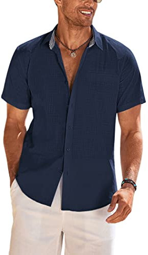 COOFANDY Chemise d'été à Manches Courtes en Coton et Lin pour Homme - Coupe Droite - sans Repassage - Bleu Marine - L