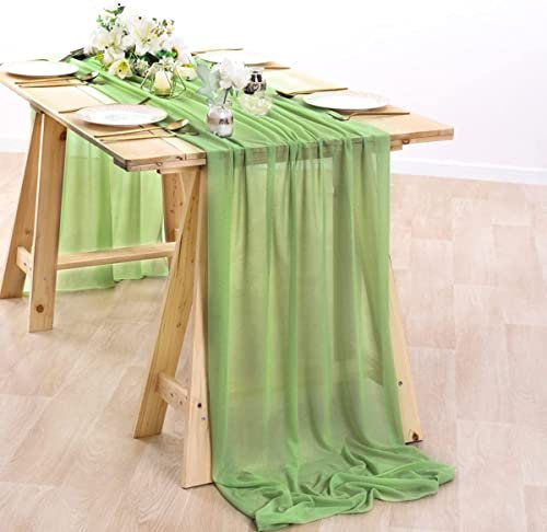 Hykiee Table Runner, Sage Green Chiffon Table Runner Skirt, 73*304cm 10ft Romantic Wedding Table Cover Decoration Gauze Cloth for Birthday Party Bridal Baby Shower Christmats Tree & Door Decorations