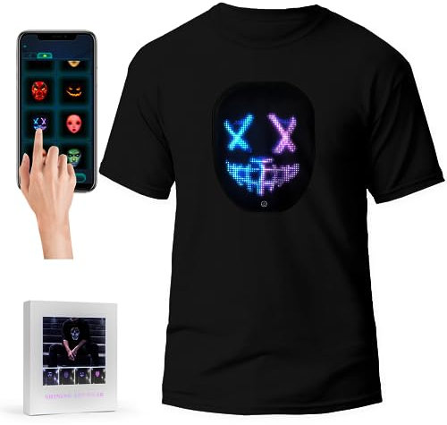 T-shirt LED Avec Application Bluetooth Programmable, Panneau Lumineux Dans l'Obscurité Pour Soirées Rave, Noir, L