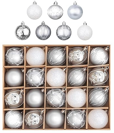 Victor's Workshop Christmas Baubles Set 20pcs 60mm, Silver White and Grey Christmas Ball Ornaments for Xmas Tree Decorations