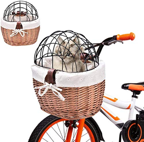 Hundekorb Fahrrad, Fahrradkorb Hund, Hundefahrradkorb für Gepäckträger aus Weide, Abnehmbar, Transportkorb für Hunde, Welpen und Katzen, für Stadt Reisen und Camping