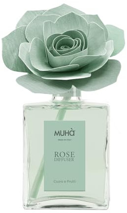 MUHA' | Duftdiffusor für Räume Rosa Diffuser, Duft Cuoio e Frutti, Raumduftdiffusor mit Rose aus Birkenholz, 200 ml Format.