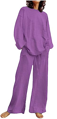 EMATOP 2 Teiler Damen Langärm Hosenanzug Casual Einfarbig Trainingsanzug Zweiteiler Tracksuit Set Baumwolle Leinen Outfits Langärm Rundhals Oberteile Tshirt und Weitem Bein Hosen Freizeitanzug