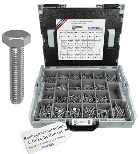FRANTOS L-Boxx Sortimentskoffer mit Sechskantschrauben DIN 933 in Edelstahl A2-1.500 tlg. I Gewindeschrauben Maschinenschrauben Schrauben Schraubensortiment Sortiment Set