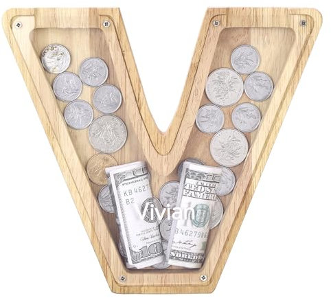 TsunNee Holz Brief Spardose Sparschwein Kreative Brief Münzbank Spardose mit Klare Alphabet Aufkleber, Spardose für Kinder Weihnachten Geburtstagsgeschenk Home DIY Dekoration (Helles Holz V, S)