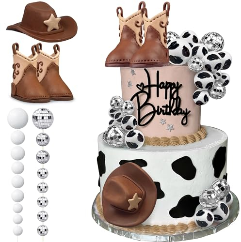 Cowboy Cake Decorations Cowboy Hat and Boot Cake Toppers Disco Ball Cake Topper Western Cowboy Cowgirl Birthday Baby Shower Party Favors