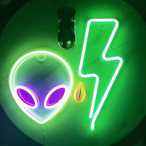 Alien Lightning Bolt Neonschilder für Kinder Jungen Schlafzimmer Spielzimmer Wanddeko, Hängende Anime Neonlicht Wandkunst Alien Lightning Lampe für Geburtstagsparty (Grün Lila Alien + Lightning)